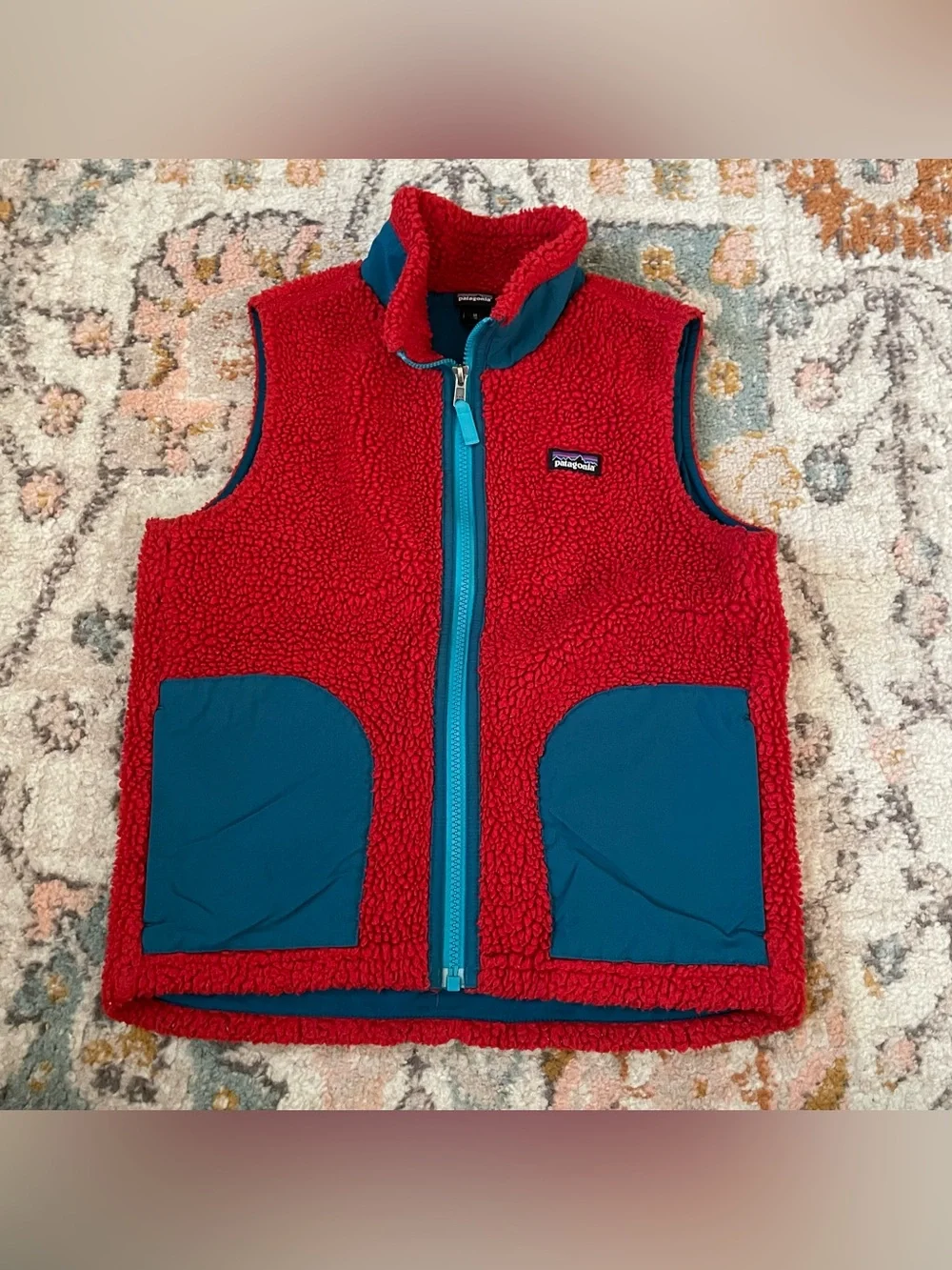 Patagonia Kids Red Retro-X Fleece Vest with Blue Trim